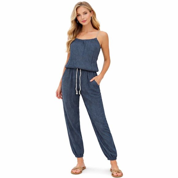 Sundry Pants - Sundry jumpsuit size Medium 2 Drawstring halter neck blue chambray NWT